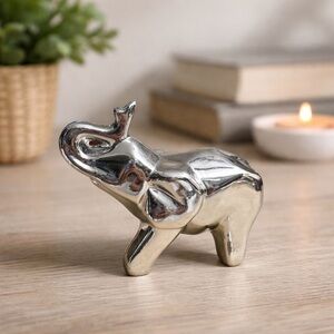 Polished Silver Elephant Figurine | Modern Chrome Décor | Good Luck Accent